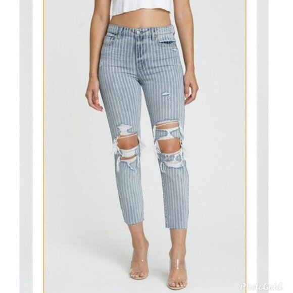 NWT EUNINA TOBI SUPER HIGH RISE MOM JEANS CROP PARALLEL LINES STRIPED PRINT - Picture 2 of 5
